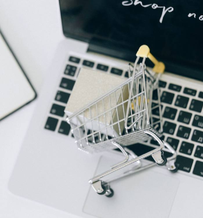 Shopping cart resting on a laptop